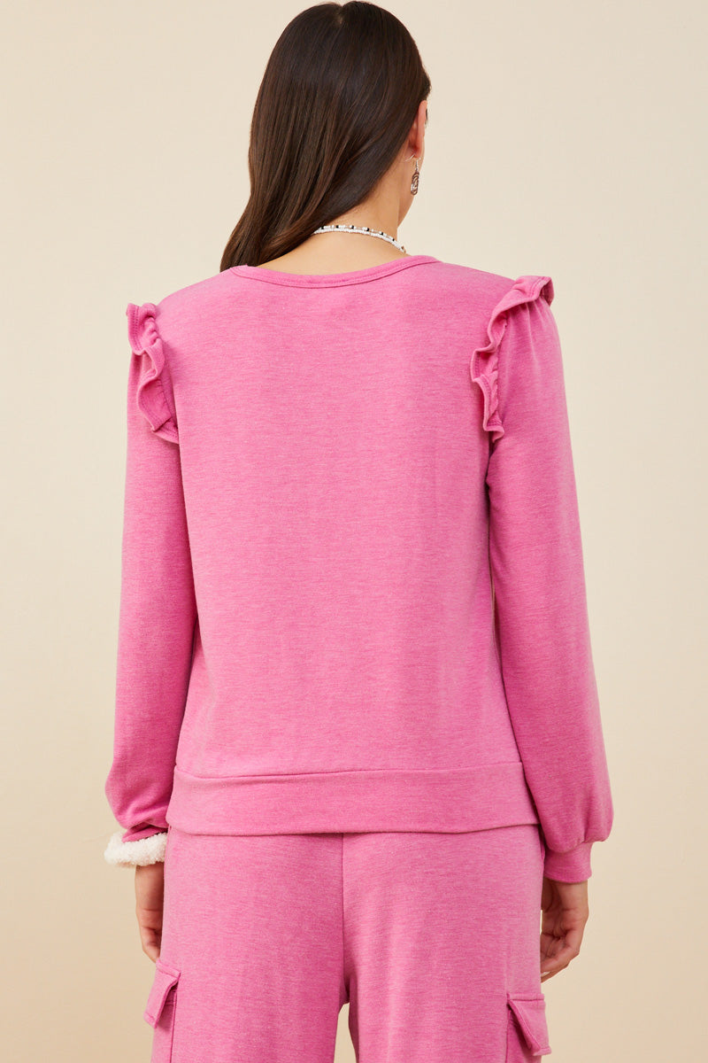 HDY8779 Fuchsia Womens Ruffled Long Sleeve French Terry Knit Top Side