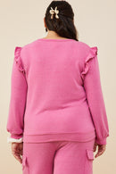 HDY8779W Fuchsia Plus Ruffled Long Sleeve French Terry Knit Top Side