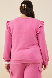 HDY8779W Fuchsia Plus Ruffled Long Sleeve French Terry Knit Top Side