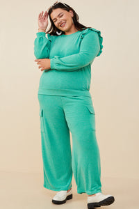 HDY8779 Green Womens Ruffled Long Sleeve French Terry Knit Top Gif