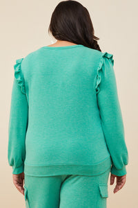 HDY8779 Green Womens Ruffled Long Sleeve French Terry Knit Top Side