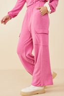 HDY8781 Fuchsia Womens Elastic Waist French Terry Knit Cargo Pants Gif