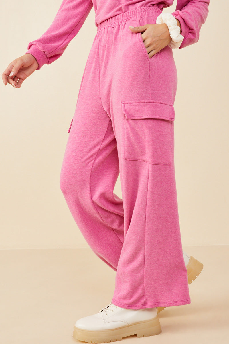 HDY8781 Fuchsia Womens Elastic Waist French Terry Knit Cargo Pants Gif