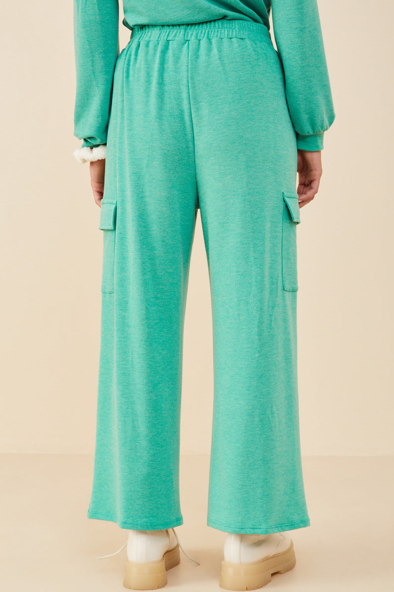 HDY8781 Green Womens Elastic Waist French Terry Knit Cargo Pants SIde