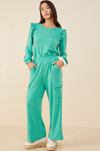 HDY8781 Green Womens Elastic Waist French Terry Knit Cargo Pants Back