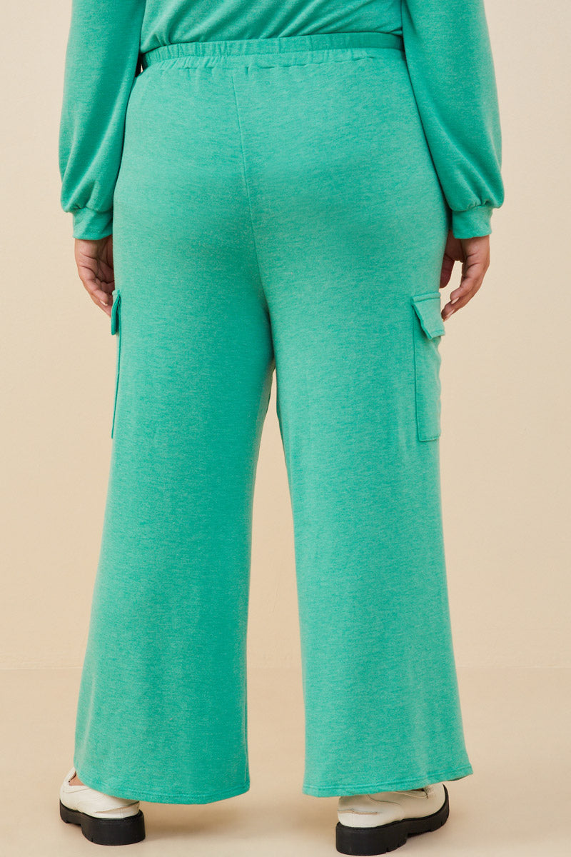 HDY8781W Green Plus Elastic Waist French Terry Knit Cargo Pants Side