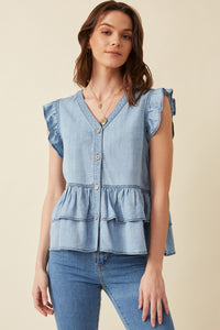 HE1008W Light Denim Plus Button Detail Ruffled Denim Top Full Body