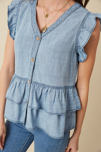 HE1008 Light Denim Womens Button Detail Ruffled Denim Top Detail