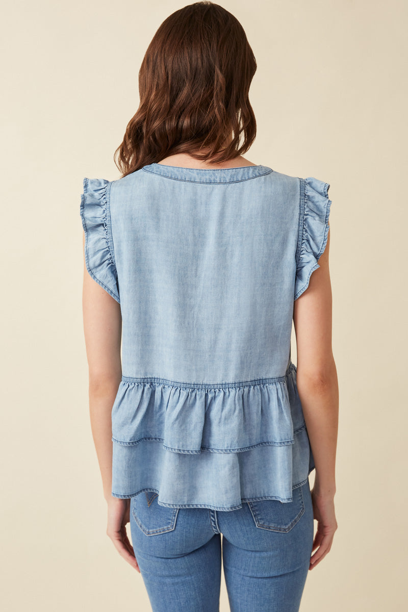HE1008 Light Denim Womens Button Detail Ruffled Denim Top Back