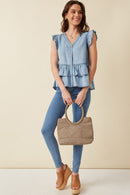 HE1008 Light Denim Womens Button Detail Ruffled Denim Top Full Body