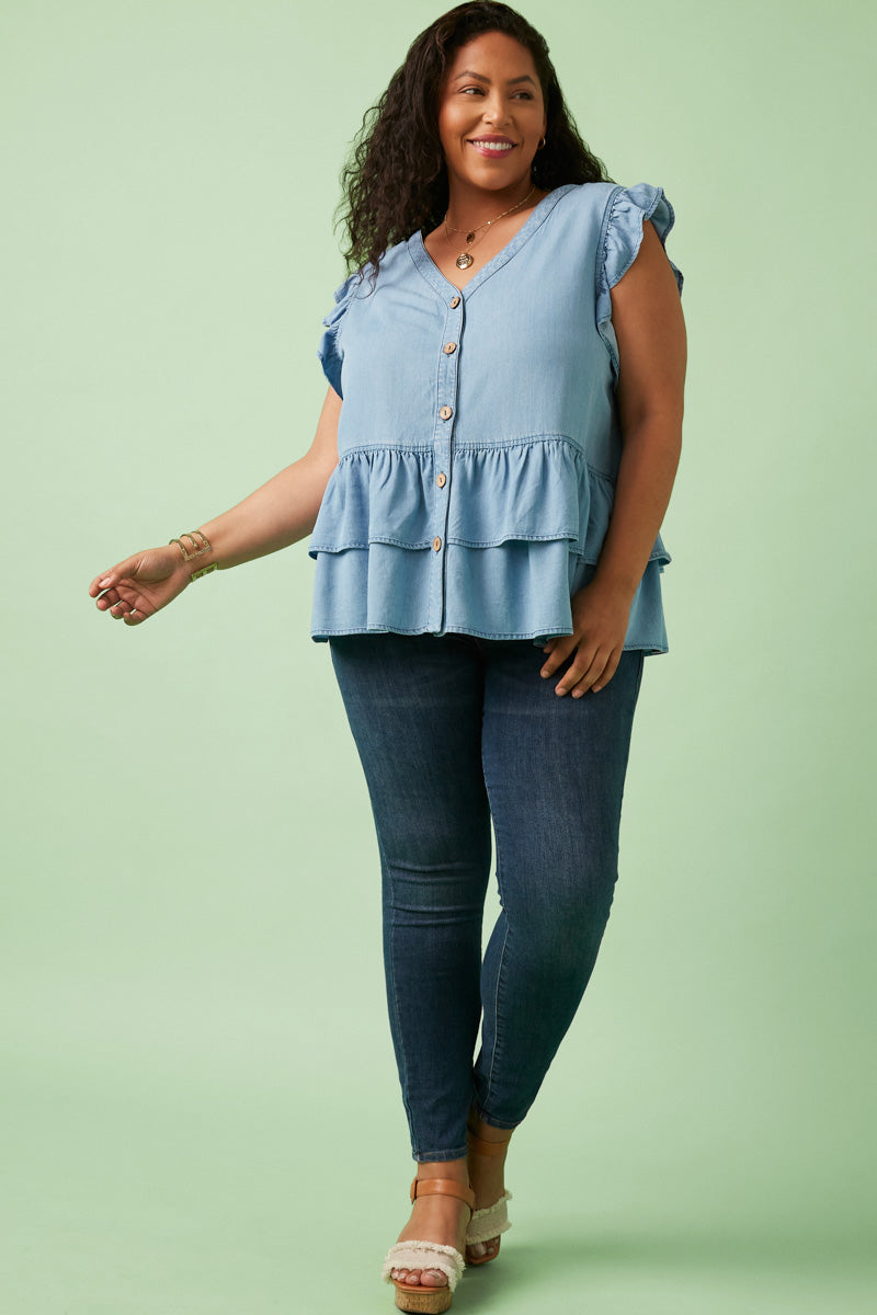 Button Detail Ruffled Denim Top