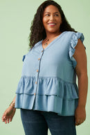 HE1008W Light Denim Plus Button Detail Ruffled Denim Top Gif
