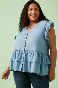 HE1008W Light Denim Plus Button Detail Ruffled Denim Top Gif