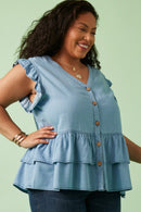 HE1008W Light Denim Plus Button Detail Ruffled Denim Top Front