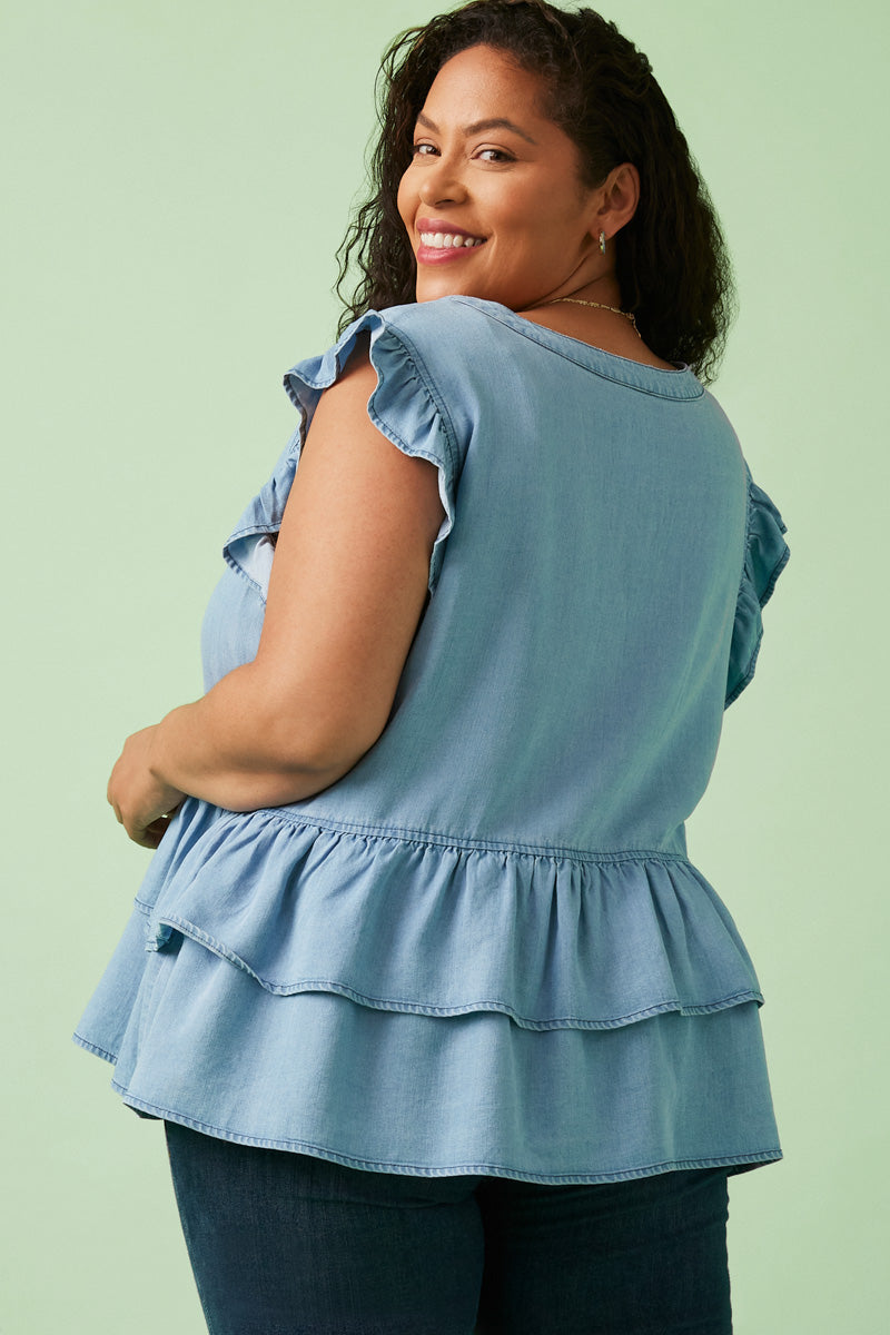HE1008W Light Denim Plus Button Detail Ruffled Denim Top Side