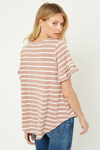 Hj1072 Olive Womens Stripe V-Neck Ruffle Tee Detail