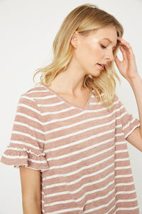 Hj1072 Olive Womens Stripe V-Neck Ruffle Tee Side