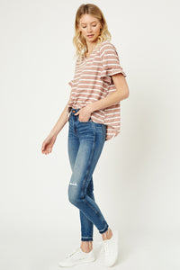 Hj1072 Olive Womens Stripe V-Neck Ruffle Tee Back