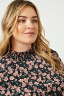 Hj1175 Black Womens Ruffle Neck Smocked Cuff Top Back