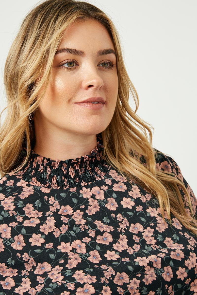 Hj1175 Black Womens Ruffle Neck Smocked Cuff Top Back