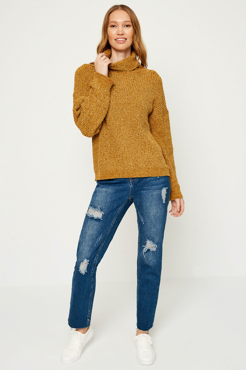 Velvet Yarn Knit Turtle Neck Sweater
