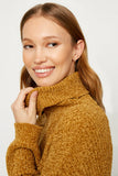 HJ1314W Mustard Velvet Yarn Knit Turtle Neck Sweater Front 2