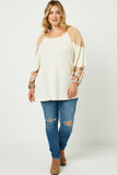 Hj1319 Ivory Womens Contrast Woven Sleeve Top Full Body