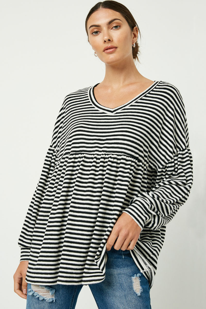 Striped Knit Puff Sleeve Peplum Top