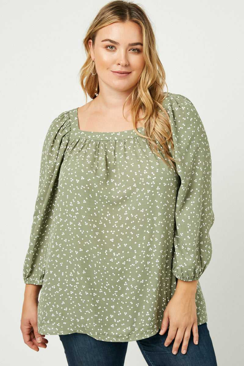 Mixed Dot Print Square Neck Long Sleeve Top