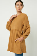 HJ3069 Mustard Womens Ribbed Knit Raglan Mini Dress Full Body