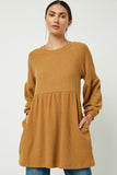 HJ3069W MUSTARD Plus Ribbed Knit Raglan Mini Dress Front