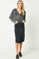 HJ3099 Slate Womens Surplice Textured Velvet Top Whole Body