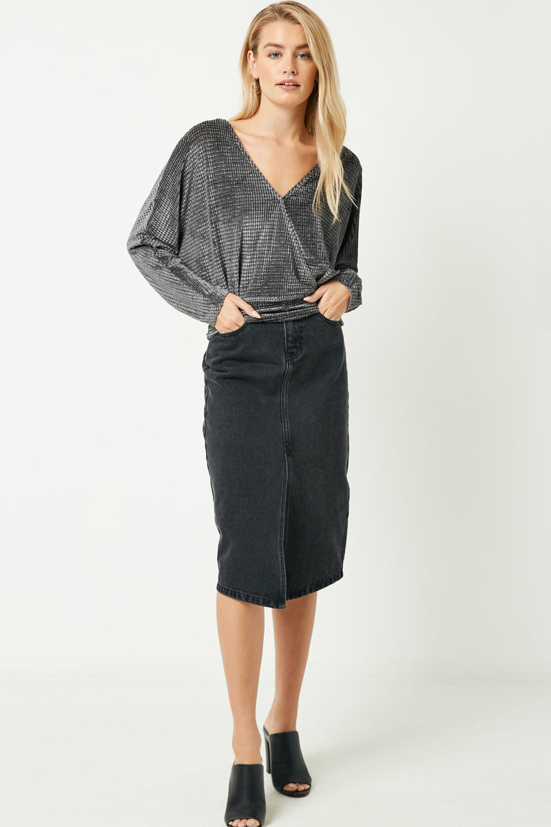 HJ3099 Slate Womens Surplice Textured Velvet Top Whole Body