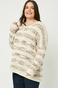 HJ3120 Cappuccino Womens Popcorn Stripe Knit Sweater Front