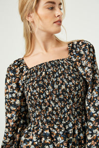 HJ3124W Black Plus Square Neck Smocked Long Sleeve Top Full Body