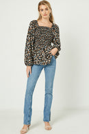 HJ3124W Black Plus Square Neck Smocked Long Sleeve Top Back