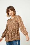 HJ3142W Brown Plus Ditsy Print Long Sleeve Babydoll Top Front