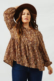 HJ3142 Brown Womens Ditsy Print Long Sleeve Babydoll Top Whole Body