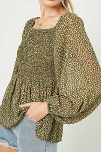 HJ3145W Olive Plus Square Neck Smocked Ditsy Floral Top Full Body