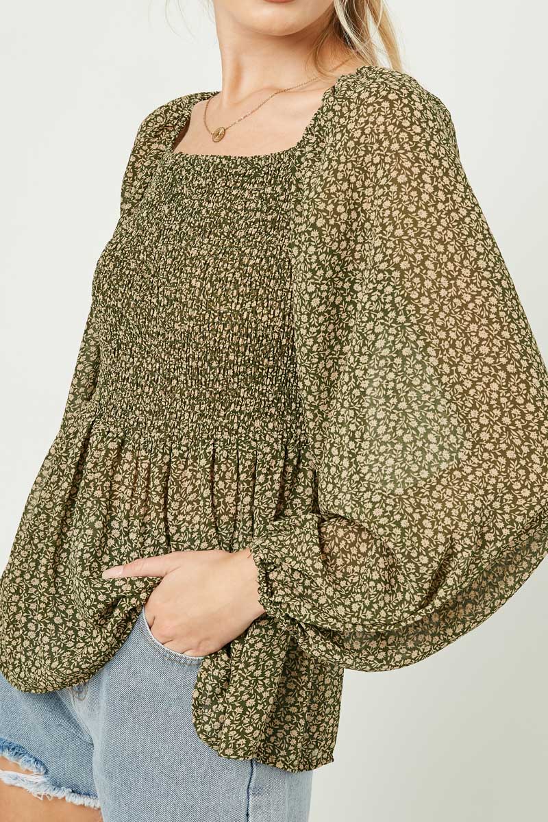 Square Neck Smocked Ditsy Floral Top