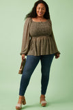 HJ3145 Olive Womens Square Neck Smocked Ditsy Floral Top Front