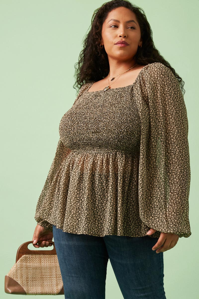 HJ3145 Olive Womens Square Neck Smocked Ditsy Floral Top Full Body