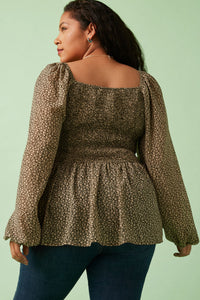 HJ3145W Olive Plus Square Neck Smocked Ditsy Floral Top Full Body