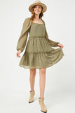 HJ3146W Olive Plus Tiered Ditsy Print Long Sleeve Dress Front