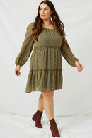 HJ3146 OLIVE Womens Tiered Ditsy Print Long Sleeve Dress Front
