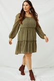 HJ3146 OLIVE Womens Tiered Ditsy Print Long Sleeve Dress Front
