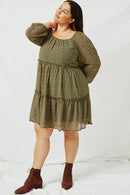 HJ3146 OLIVE Womens Tiered Ditsy Print Long Sleeve Dress Back