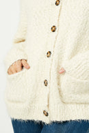 HJ3163W Cream Plus Fuzzy  Popcorn Sweater Knit Cardigan Front