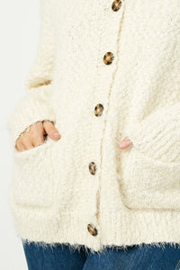 HJ3163W Cream Plus Fuzzy  Popcorn Sweater Knit Cardigan Front
