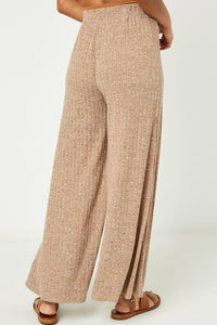 HJ3174W Mocha Plus Heathered Ribbed Wide Leg Knit Lounge Pants Back